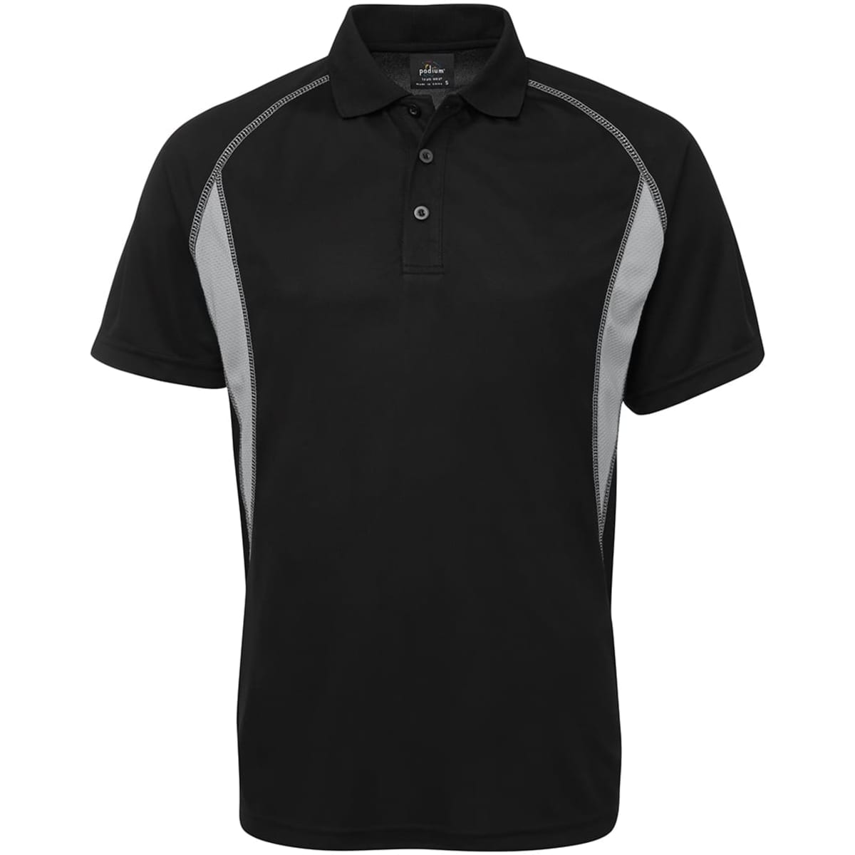 A black polo shirt with grey side panels and a collar, featuring a logo on the chest area.