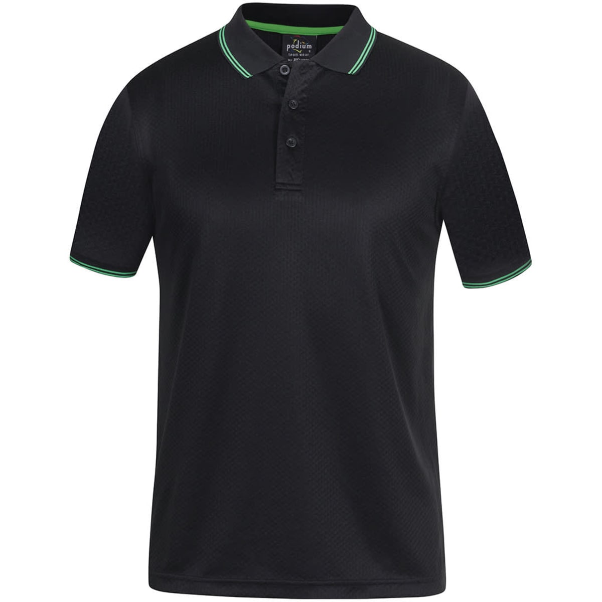 A black polo shirt featuring green contrast details and a logo. The shirt has a collar and button closure.