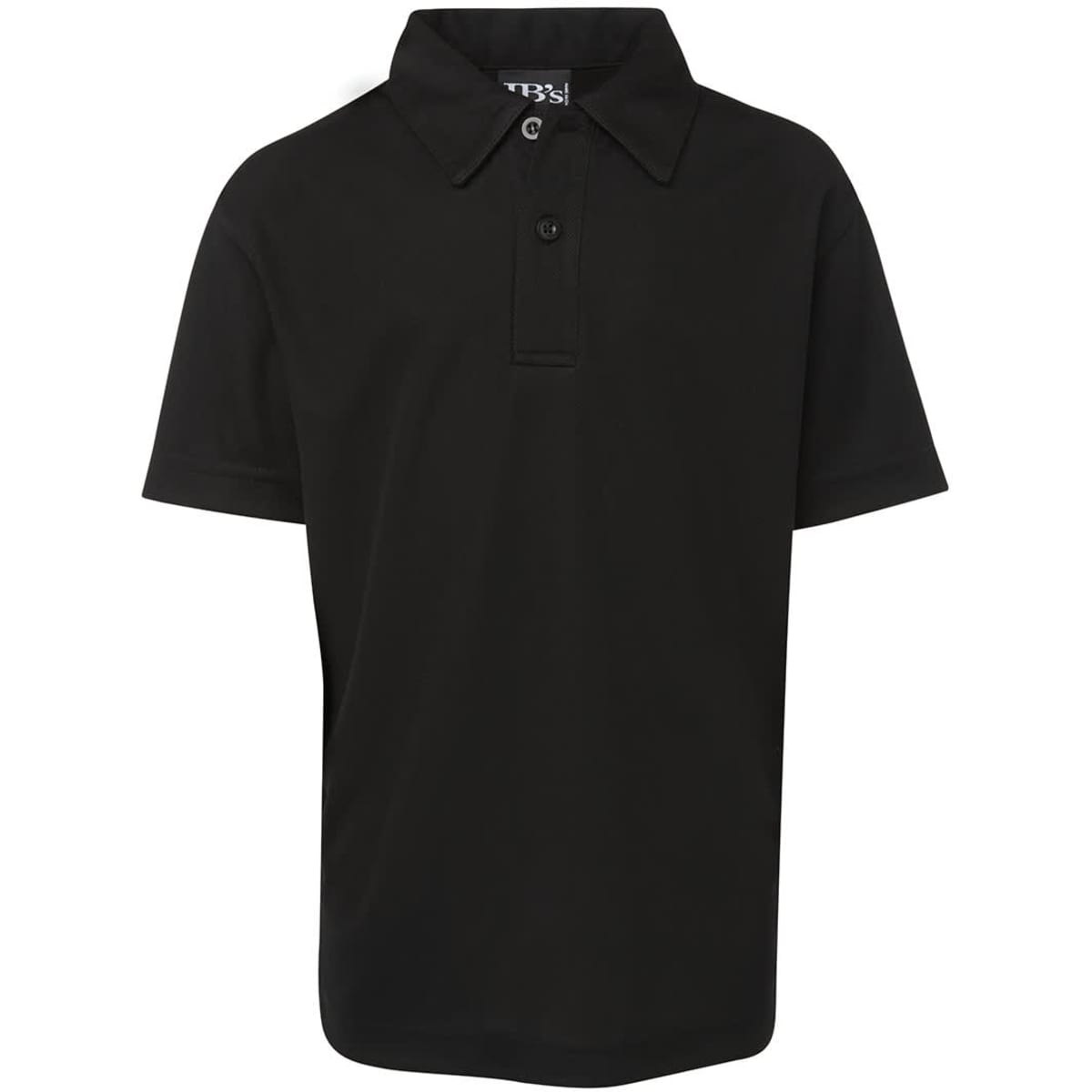 A black children's polo shirt featuring a collar and button placket, with a logo on the chest.
