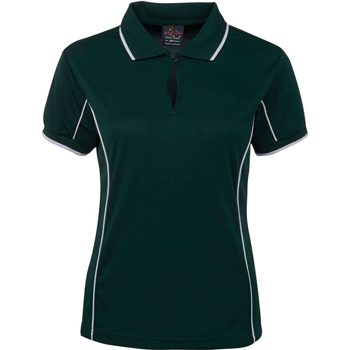 A dark green polo shirt with white piping, featuring a collar and short sleeves. It has a logo on the label.