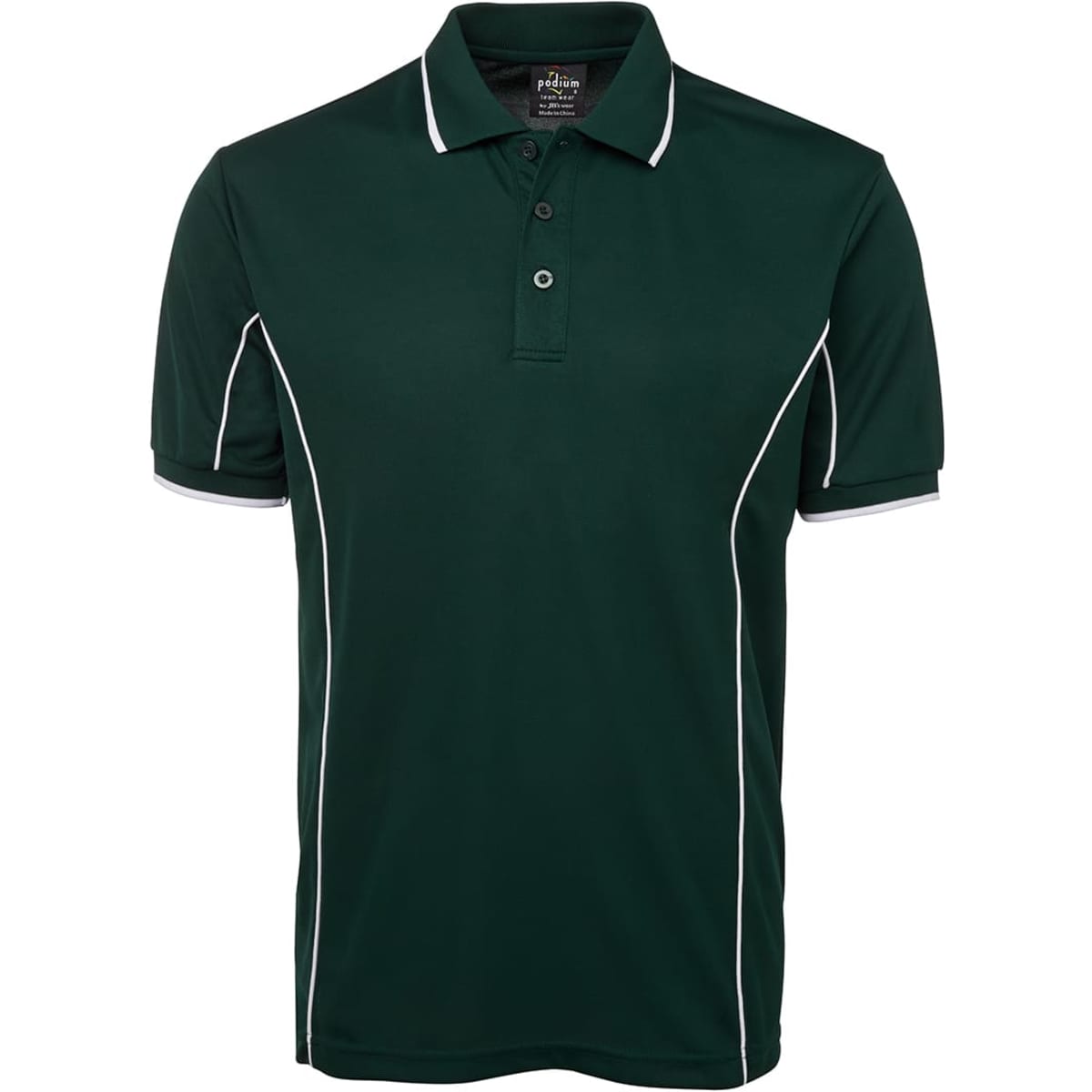 A dark green polo shirt with short sleeves and white piping accents, featuring a collar and three buttons.