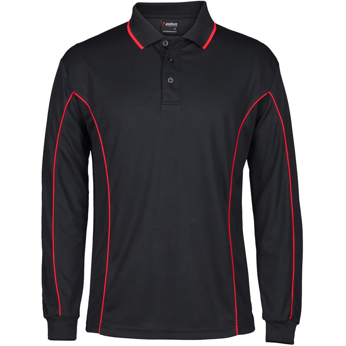 Long sleeve black polo shirt with red piping and a collar, featuring a logo on the chest.