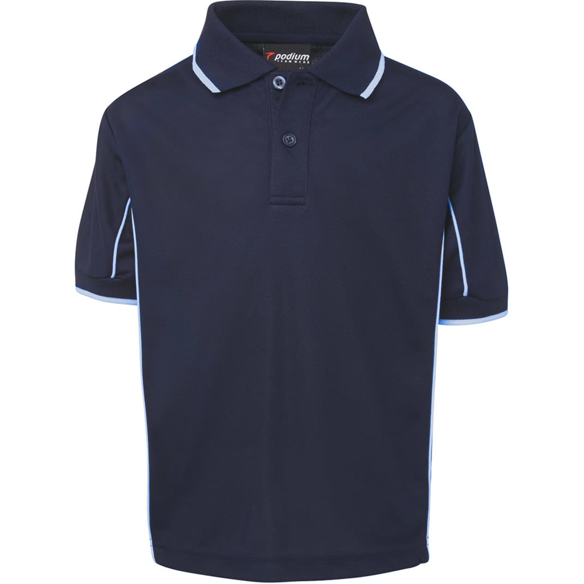A navy polo shirt with white piping and a collar, featuring short sleeves and a logo. 