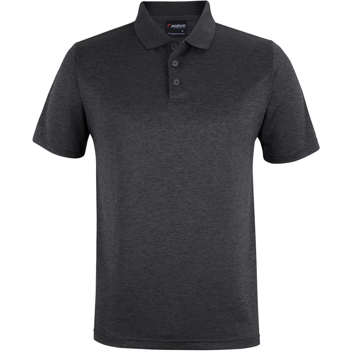 A black marle polo shirt with a collar and three buttons, featuring a logo on the label.