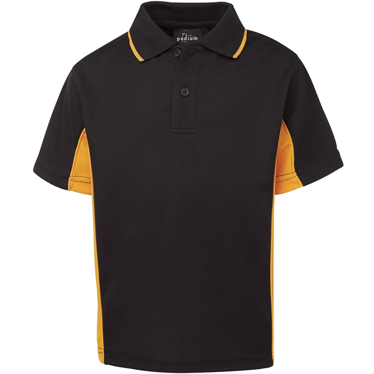 A black and orange polo shirt with a collar and short sleeves, featuring a logo on the front.