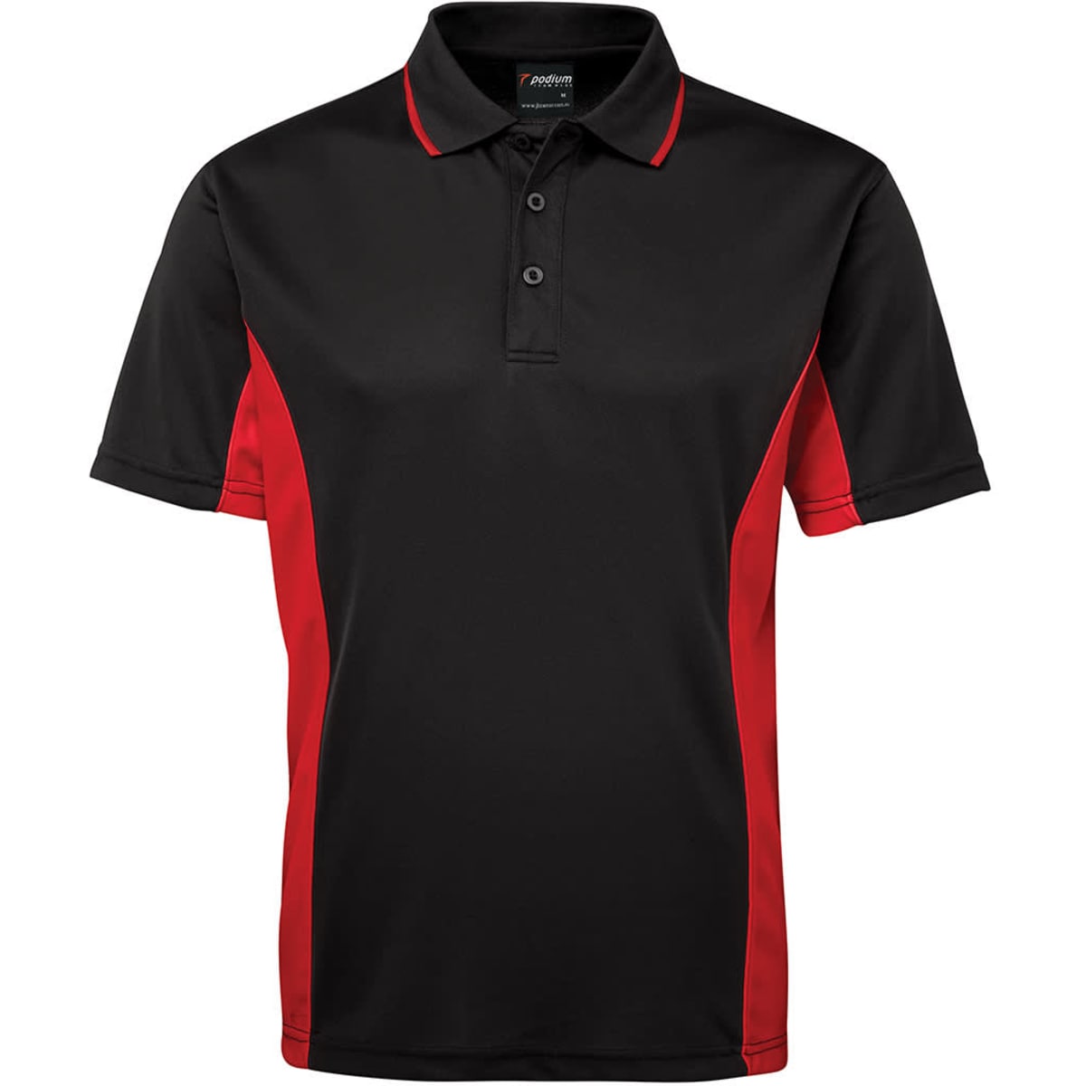 A black polo shirt with red side panels and a logo on the chest. Features a three-button placket and a collar.