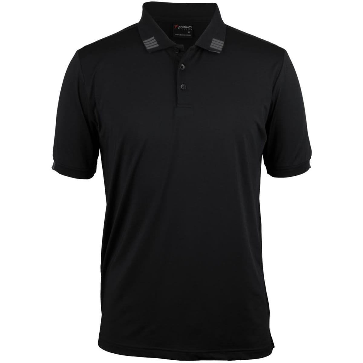 A black short-sleeve polo shirt with a collared neckline and subtle striped detailing on the shoulders. It features a logo.