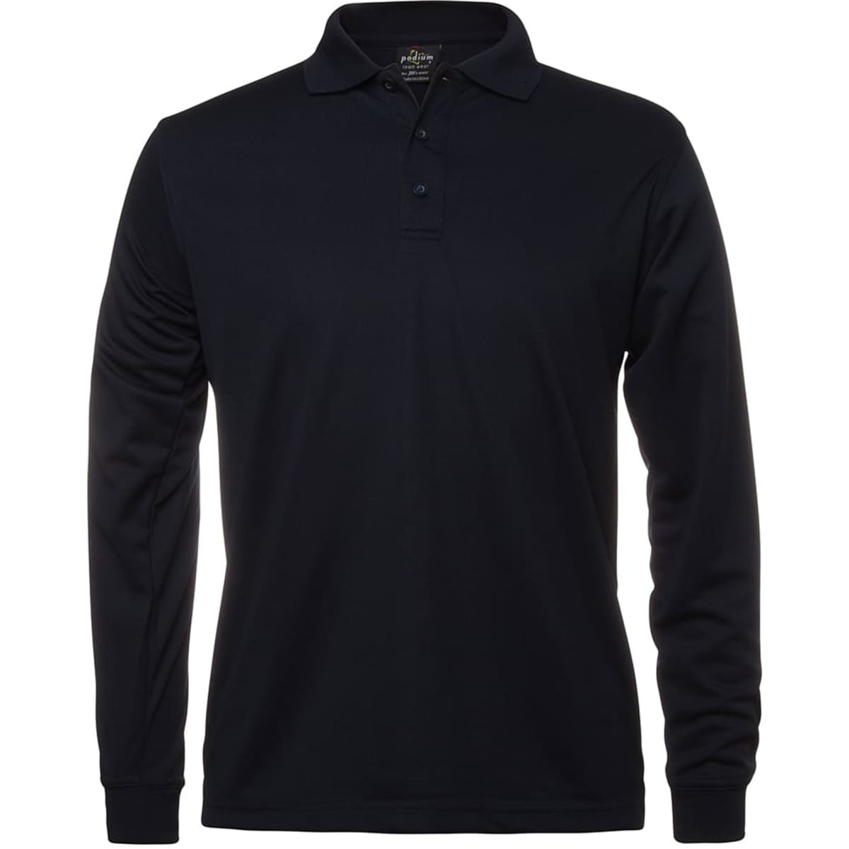 A black long-sleeve polo shirt featuring a collar and a button placket, with a logo on the chest.