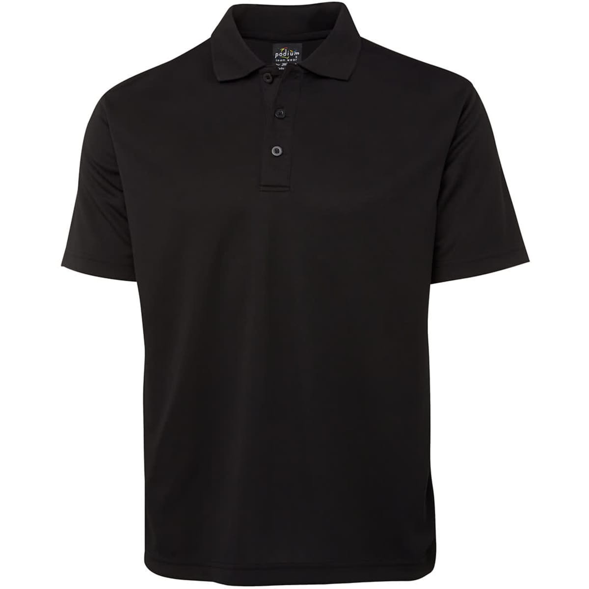 A black short-sleeve polo shirt with a collar and three buttons, featuring a logo.
