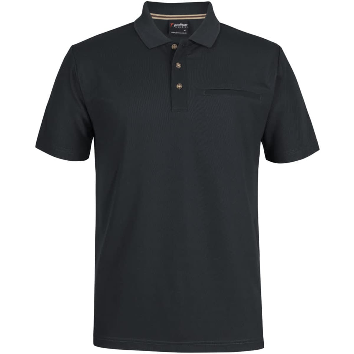 A black polo shirt made from recycled polyester, featuring a buttoned placket and a pocket, with a logo.