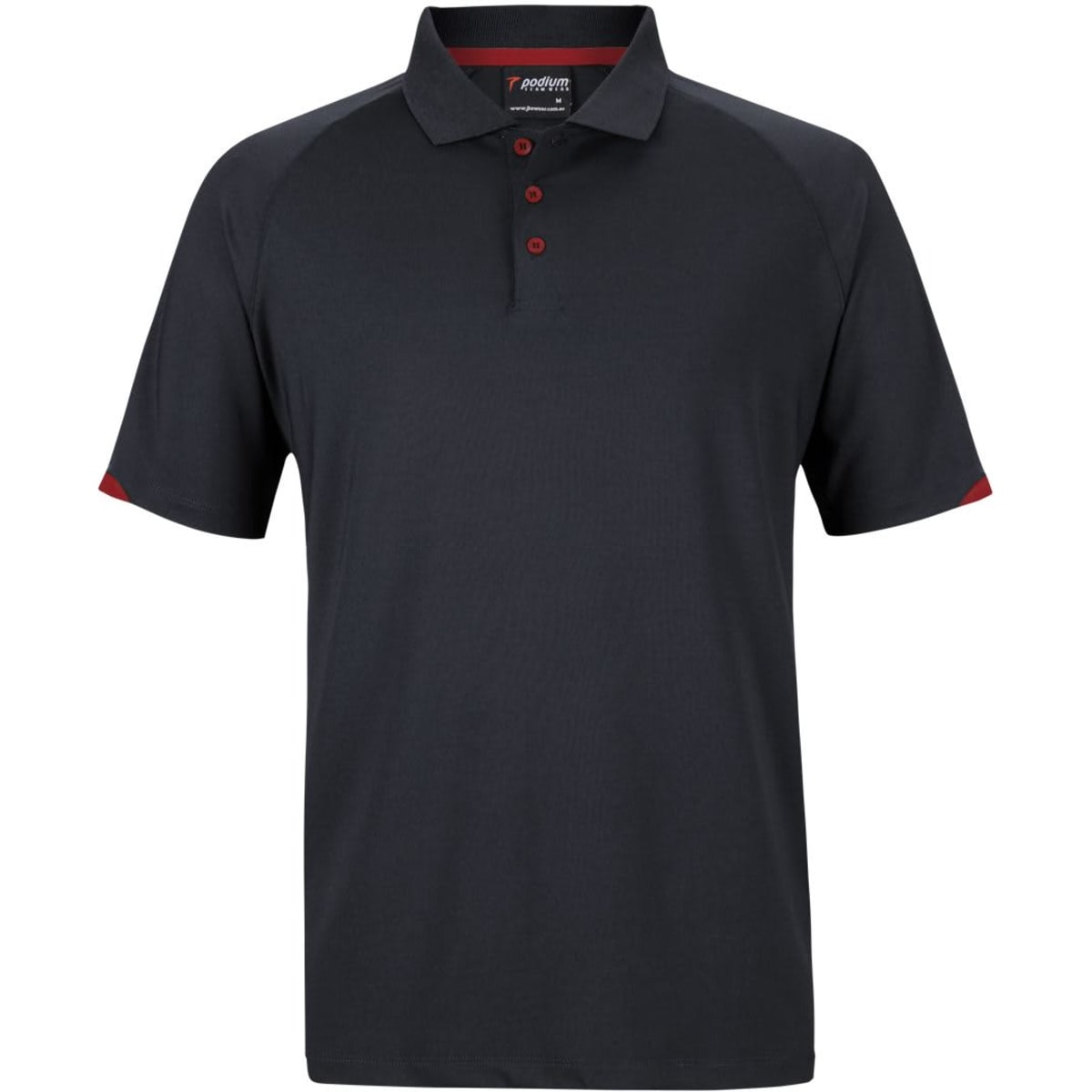 A black polo shirt with red accents, featuring a three-button placket and a logo on the chest.