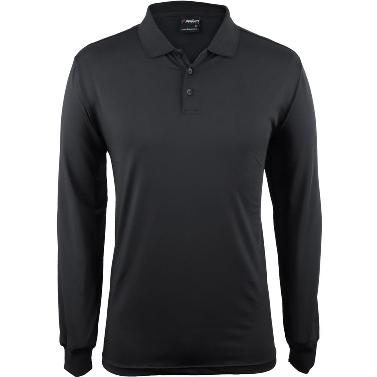 A black long-sleeved polo shirt featuring a collar and three buttons, with a logo on the upper side.