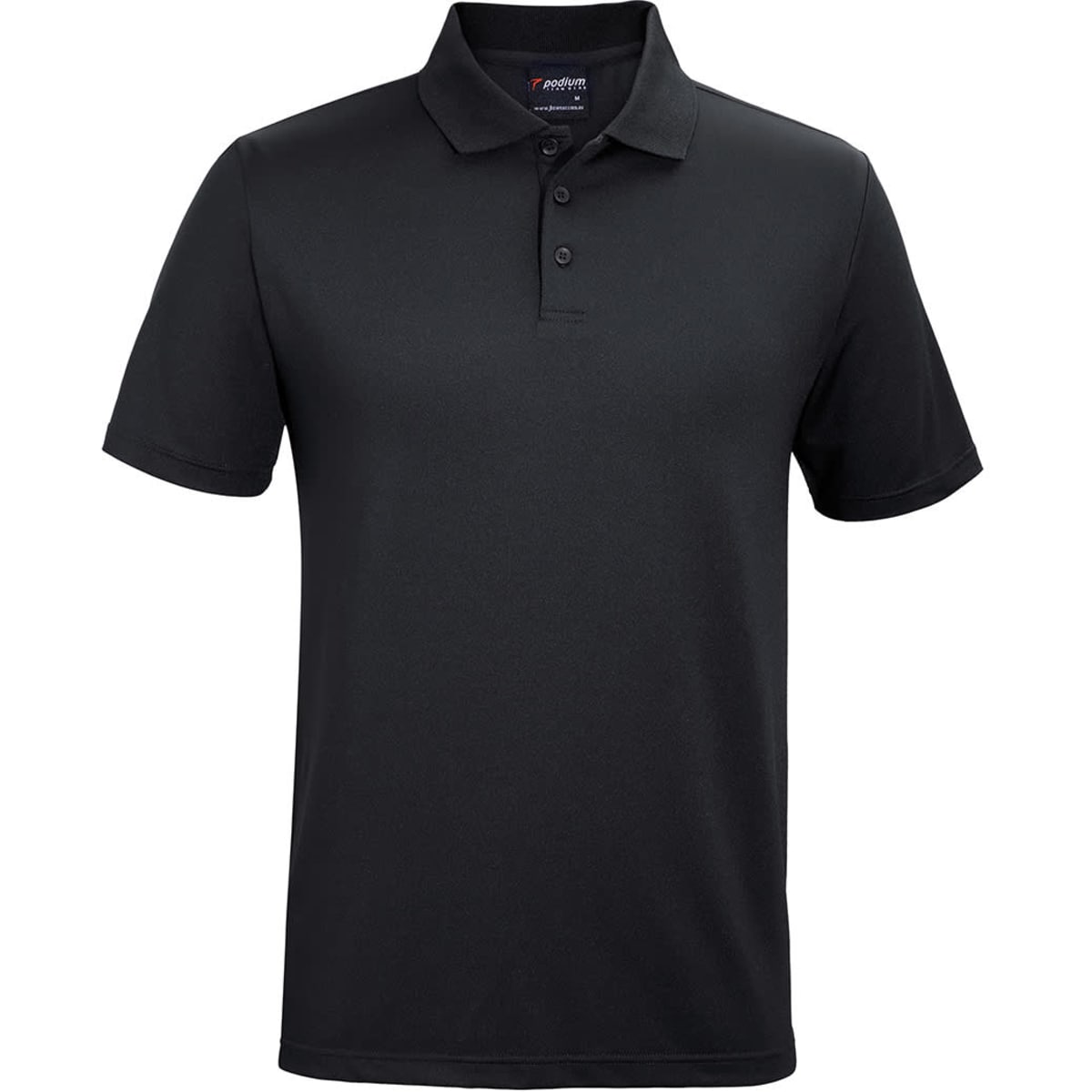 A black polo shirt featuring a classic collar and a three-button placket, with a logo on the chest.