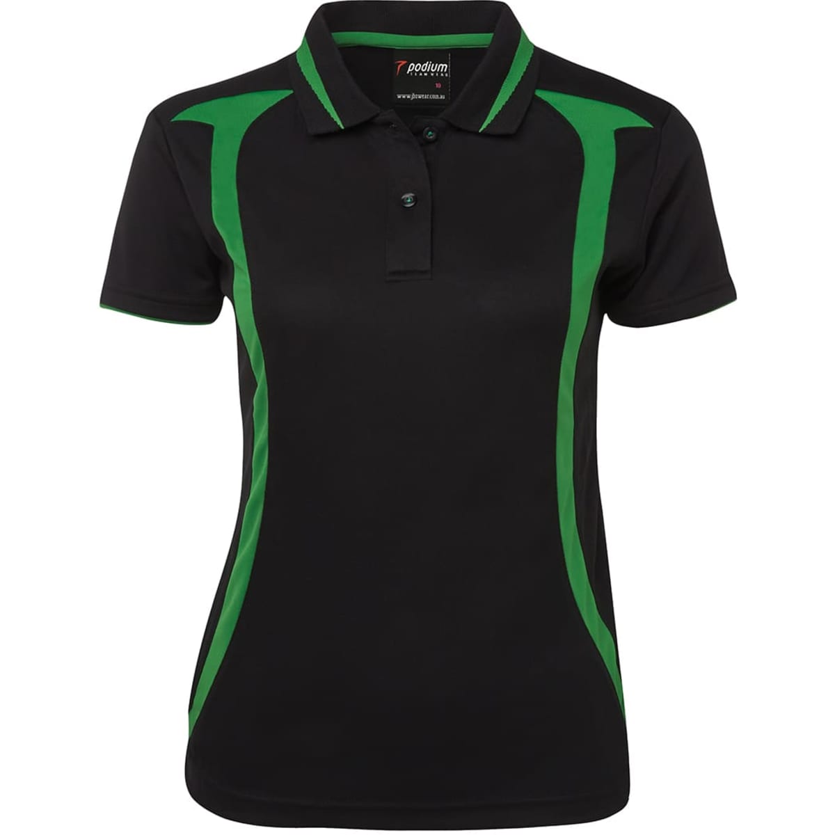 A black polo shirt featuring pea green accents and a logo on the chest, designed for women.