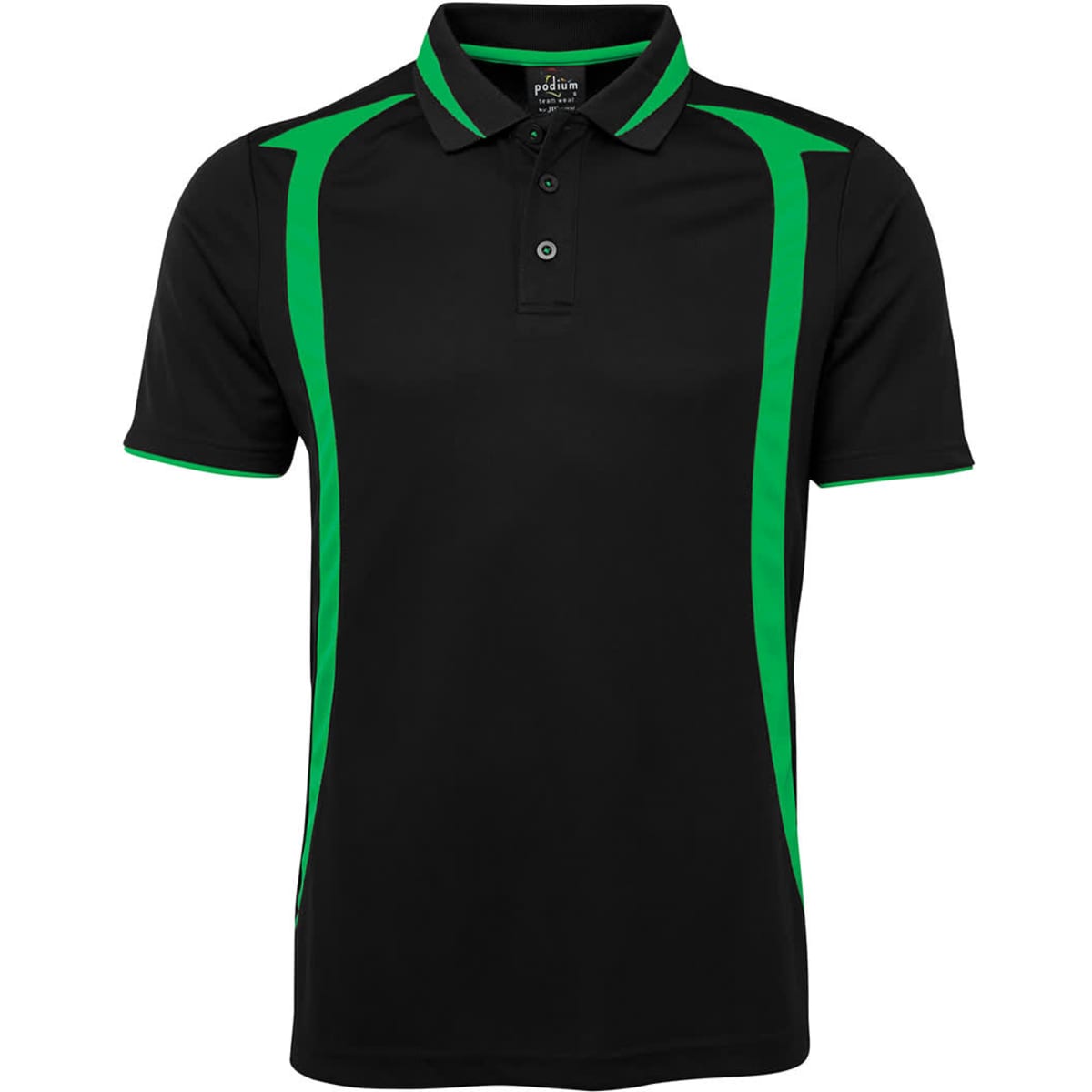 A black polo shirt featuring green accents and a logo on the chest. Suitable for promotional use.