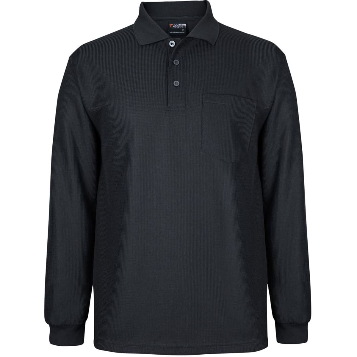 A black long-sleeve waffle-textured polo shirt with a pocket and a logo on the collar.