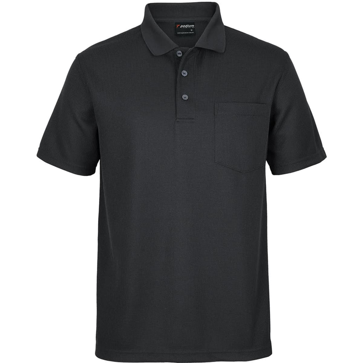 A dark green polo shirt featuring a pocket and a logo. The fabric has a textured waffle pattern.