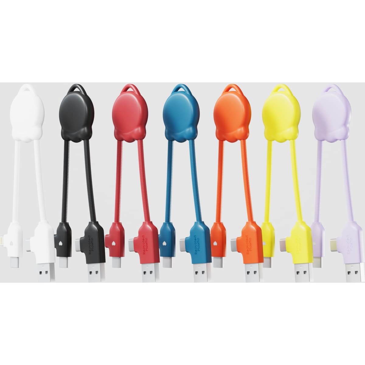 A collection of eight USB cables in white, black, red, orange, yellow, and purple, featuring a logo on each.