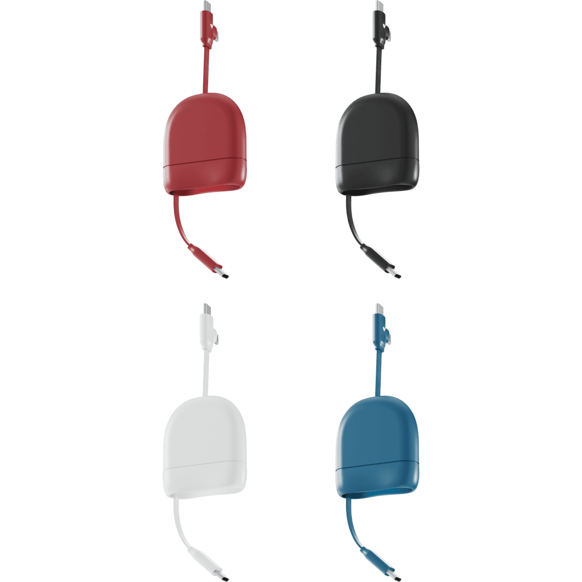 A collection of four chargers in red, black, white, and blue, each with a connecting cable and a logo.