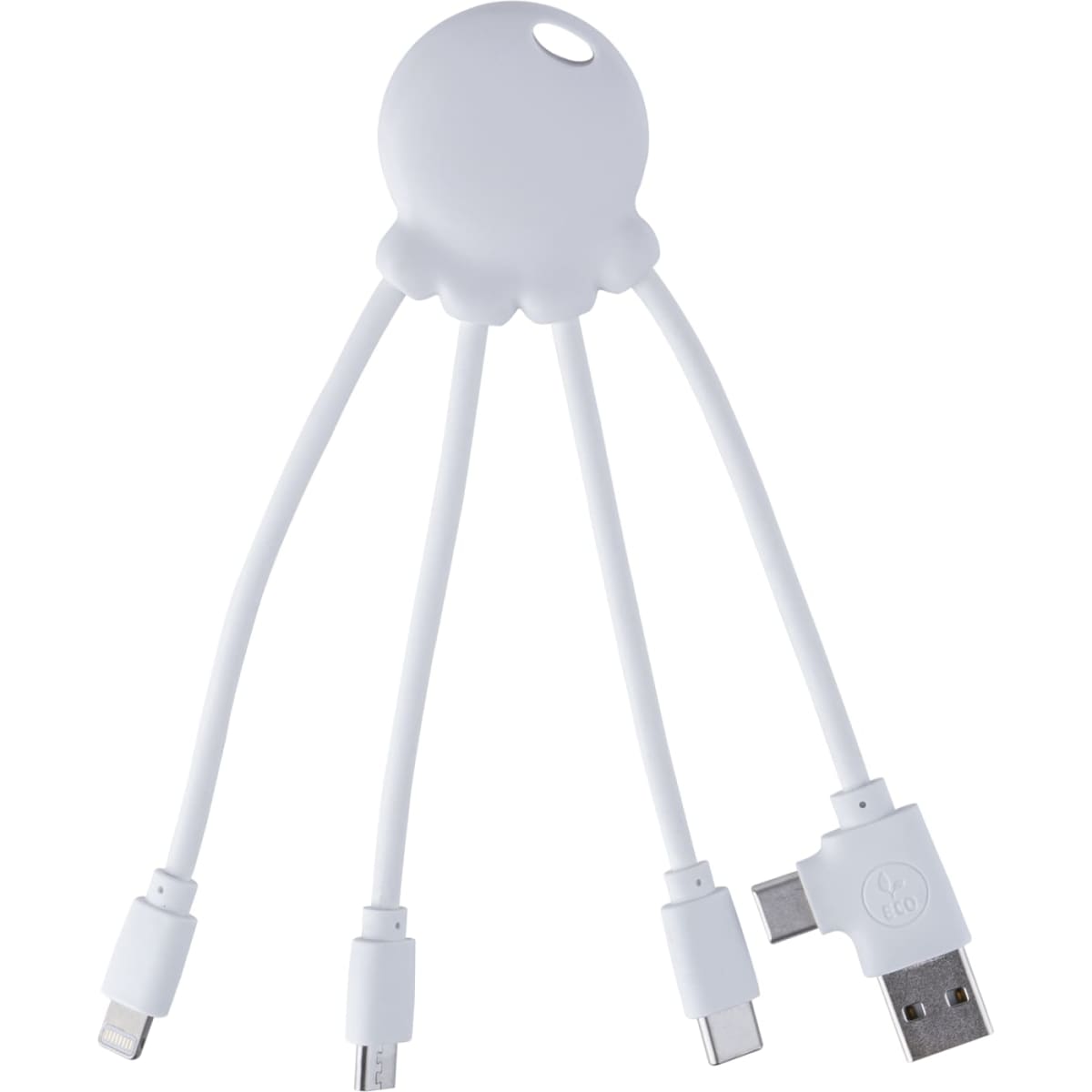 A white octopus-shaped charging cable made from recycled plastic with multiple connectors for various devices.