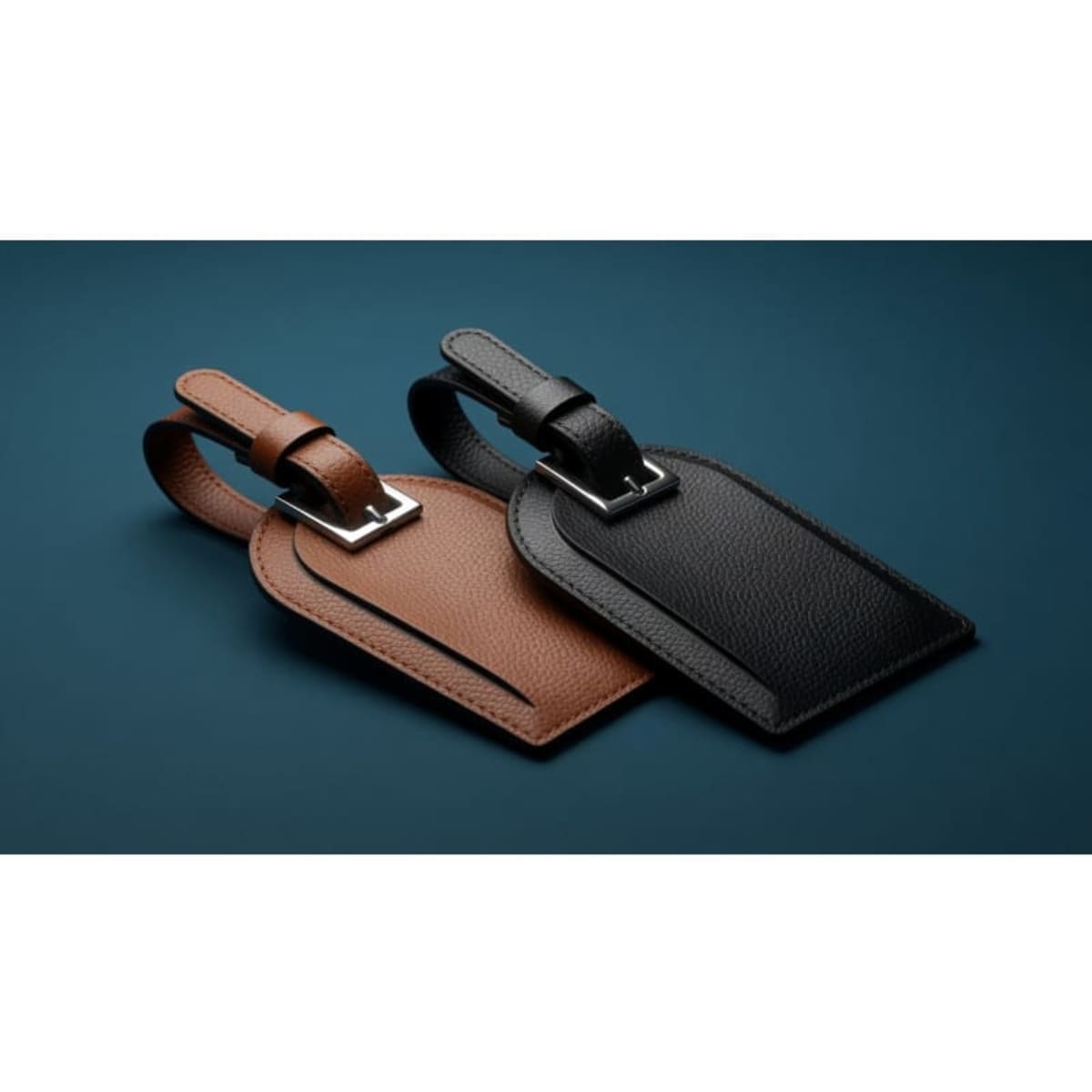 A brown and a black recycled leather luggage tag with a buckle strap, featuring a simple design and branding.