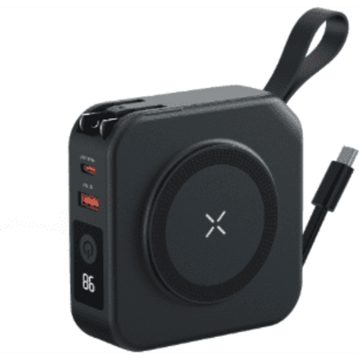 A compact black MagSafe travel adapter with multiple ports, a display, and a detachable cable.