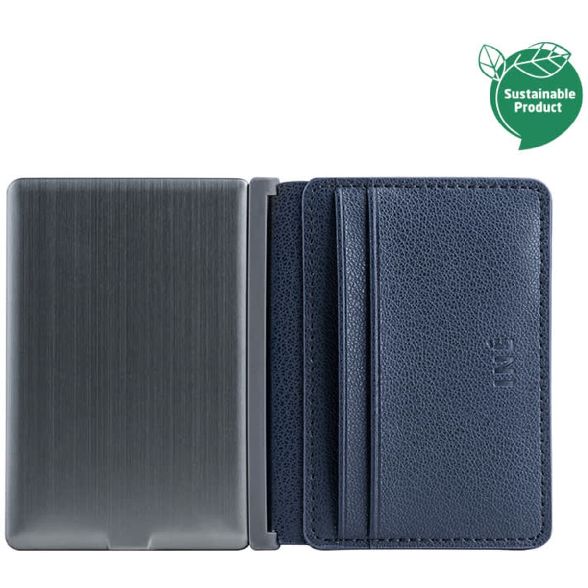 A wallet made of recycled leather, featuring a navy exterior and a metallic interior with card slots. It has a logo.