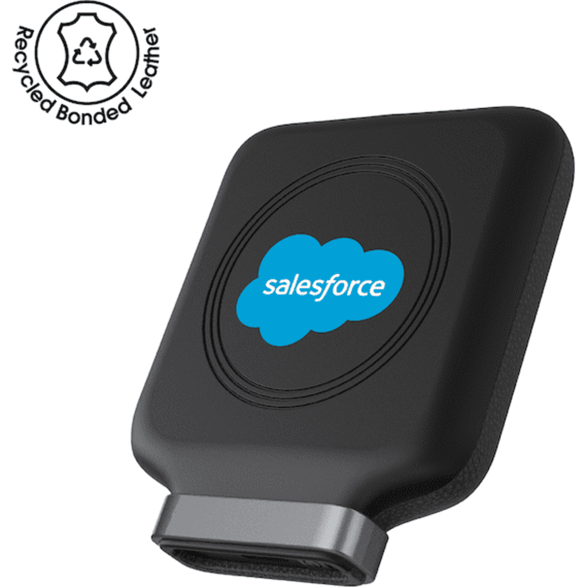 A black magnetic wireless power bank made from recycled plastic, featuring a circular design and a logo.