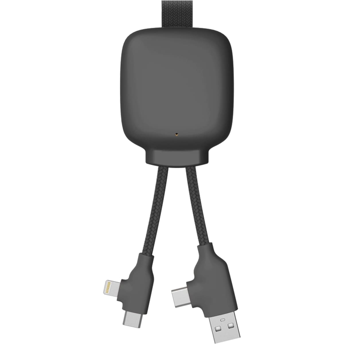 A black powerbank with two connectors, one USB-C and one Lightning, attached by braided cables.
