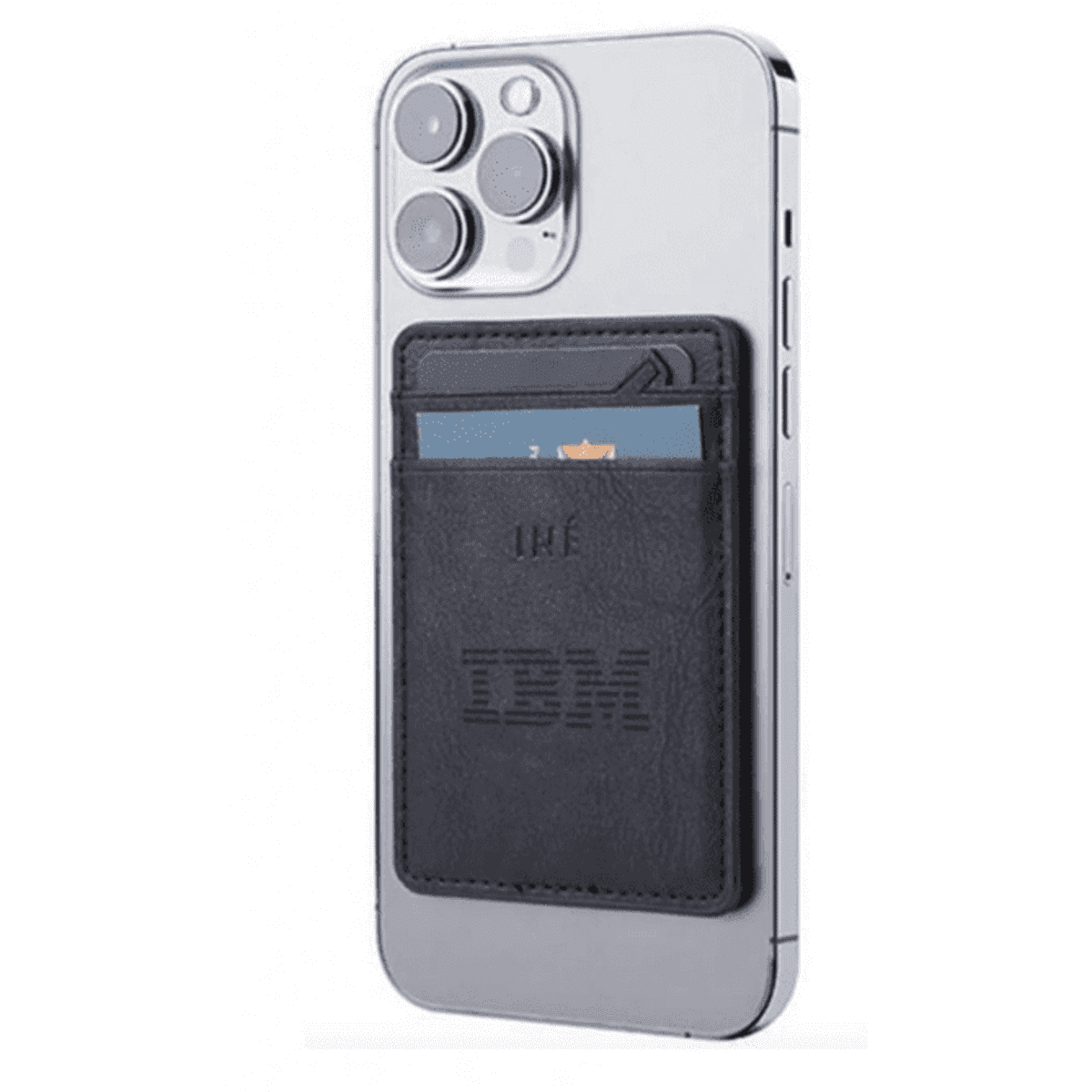 A black leather wallet with an embossed logo, attached to the back of a silver smartphone, holding cards.