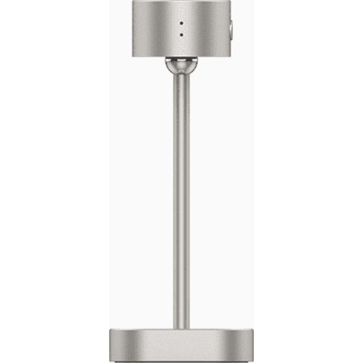 A silver smart lamp made from recycled aluminium with a sleek, minimalist design and an integrated control button.
