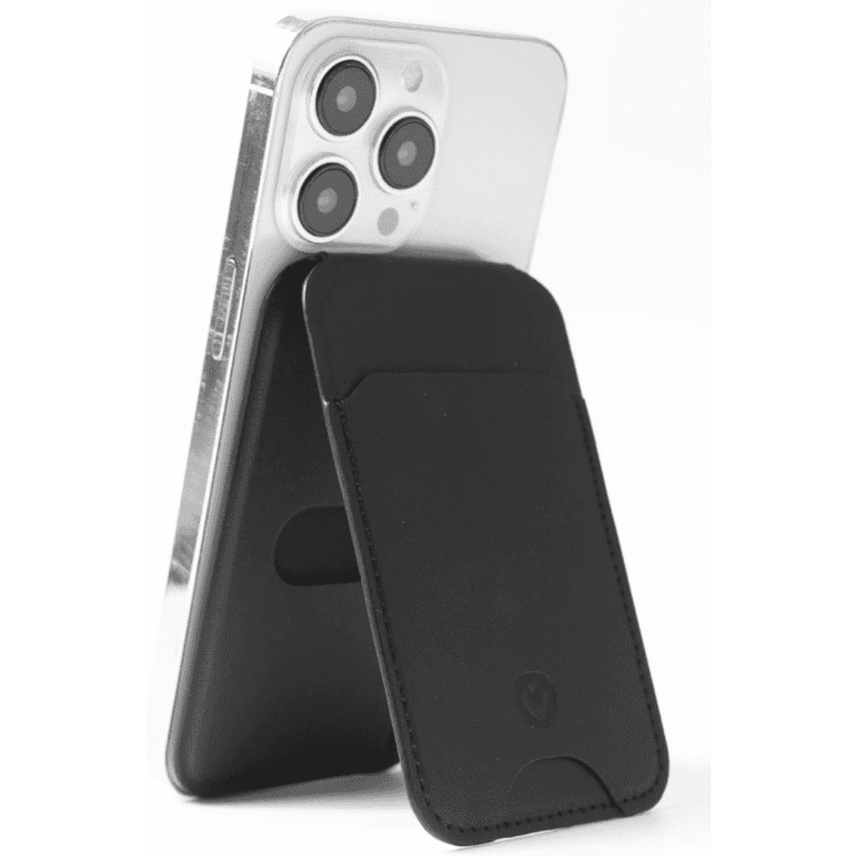 A black Card Wallet MagSafe Stand attached to a clear smartphone with three camera lenses. The product has a logo on it.