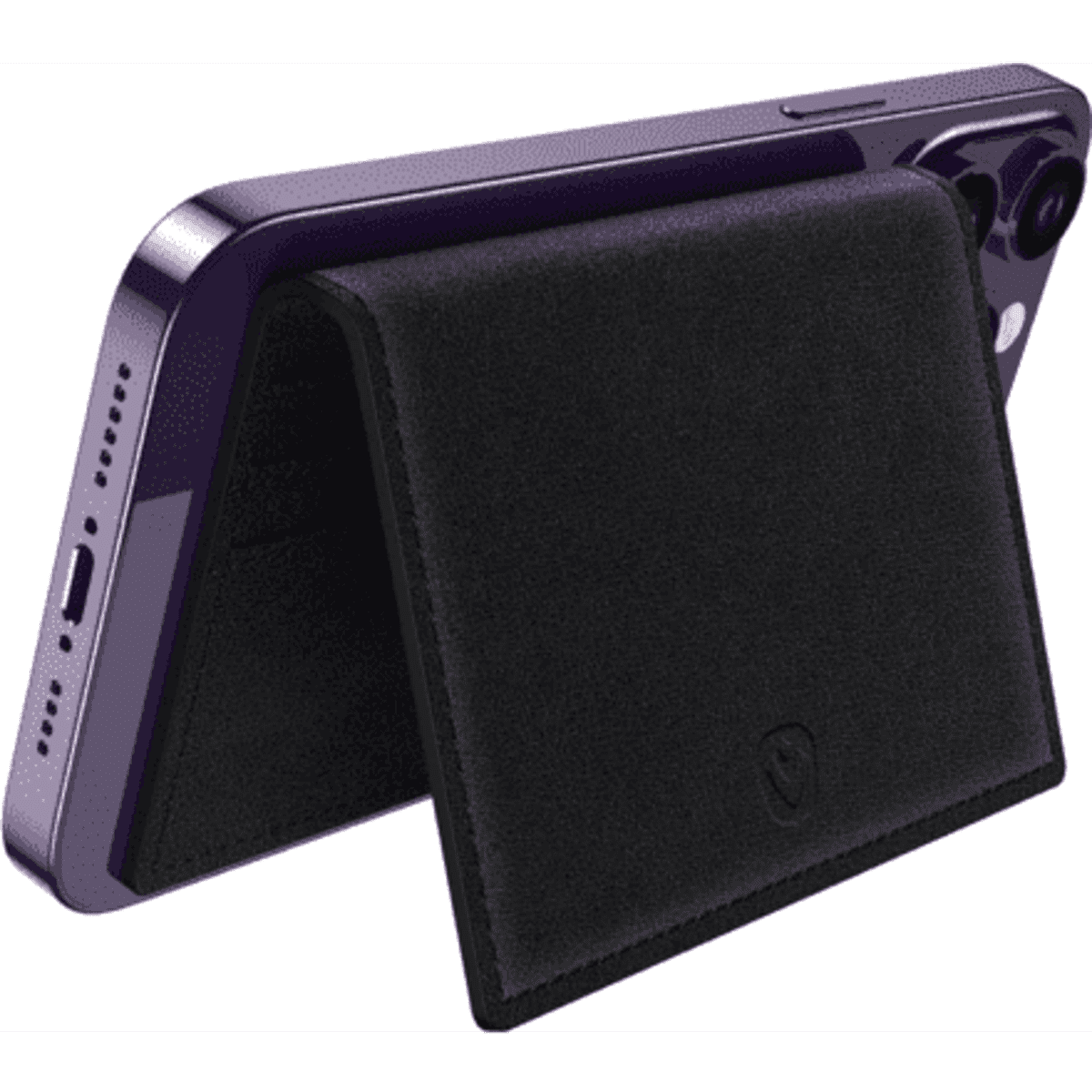 A leather MagSafe wallet in black, designed to attach to a smartphone, with a stand feature for easy viewing.