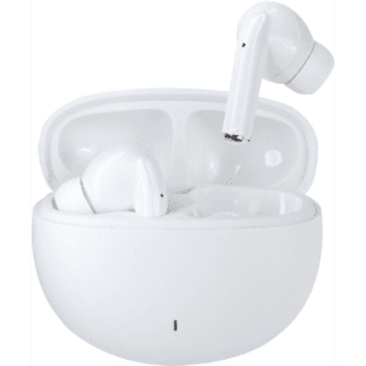 A pair of white earbuds sits in a white charging case, displaying a sleek and modern design.