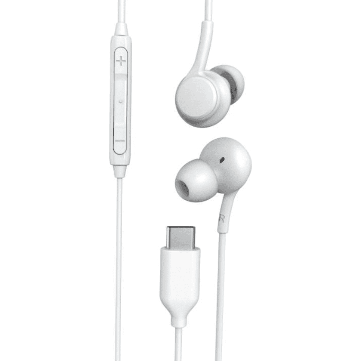 White wired earbuds with a microphone and volume control, featuring a USB-C connector.