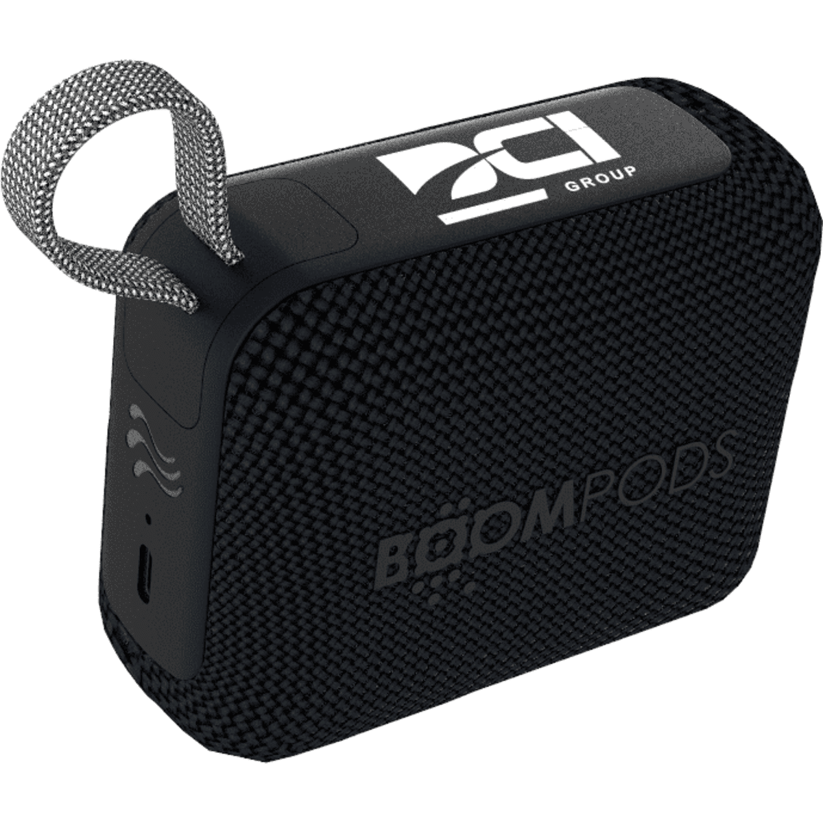 A black mini speaker with a textured surface, featuring a loop and a logo. It is compact and made from recycled materials.