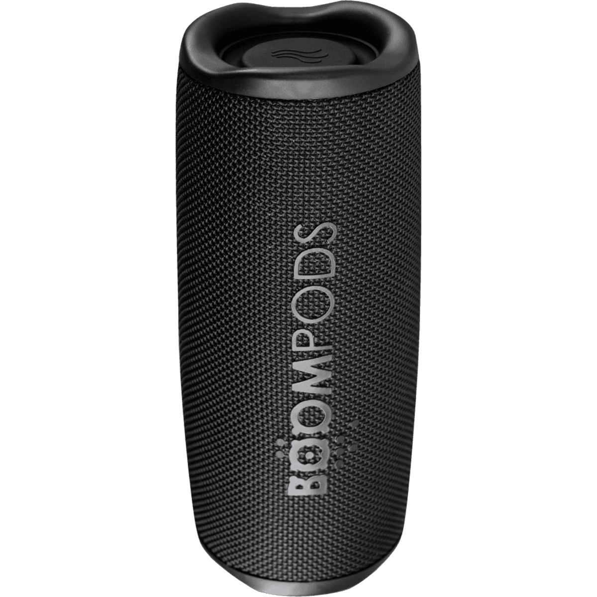 A black portable speaker with a textured finish and a prominent logo, featuring a compact cylindrical design.