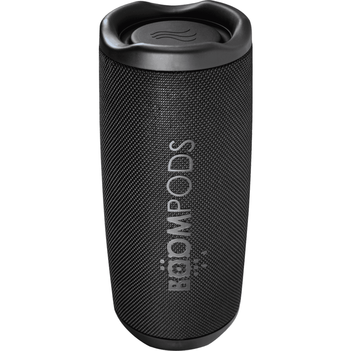 A black cylindrical speaker with a textured surface and a logo on the side.