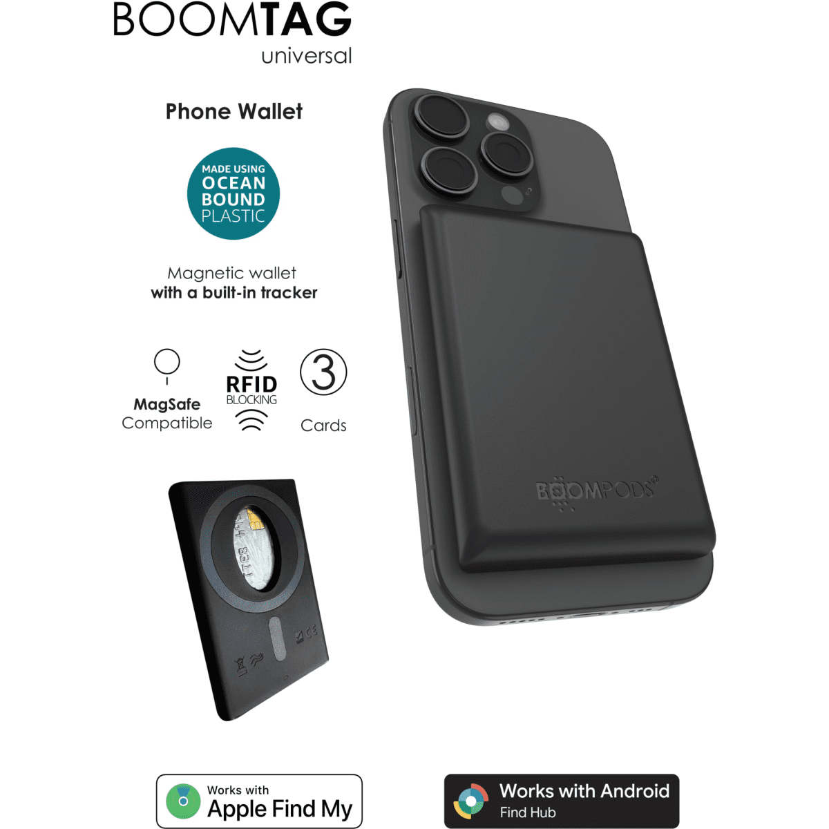A black magnetic phone wallet with a built-in tracker, featuring RFID blocking and capacity for three cards.