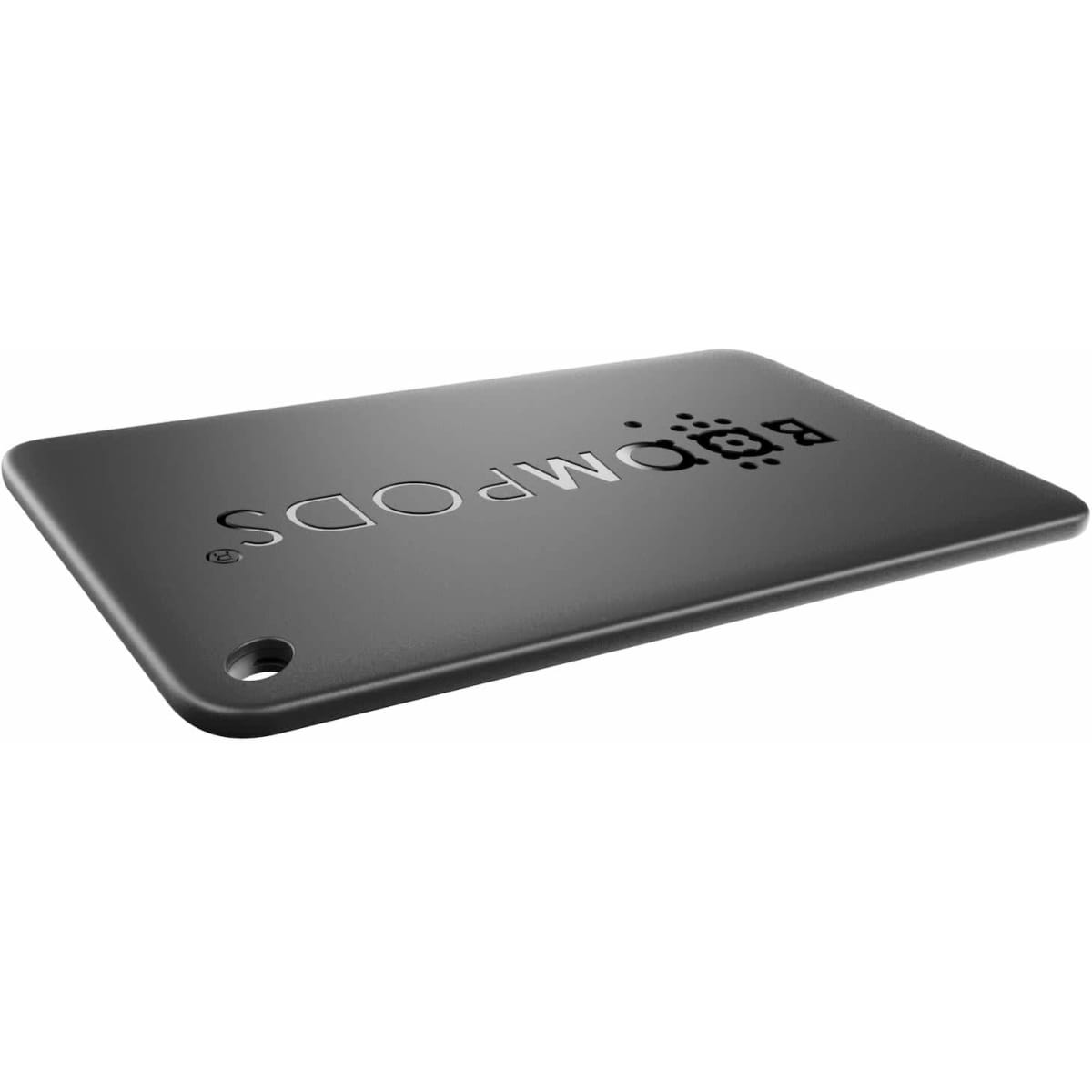 A sleek black tracker with a hole for attachment, featuring a logo on its surface. Ideal for monitoring your belongings.
