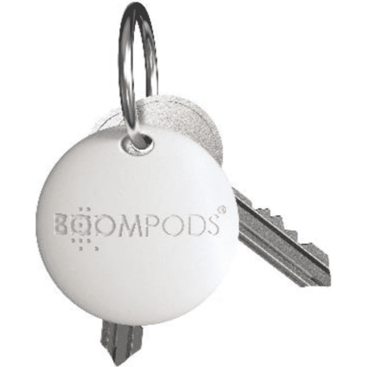 A white boomtag tracker on a keyring with two silver keys. The tracker has a logo.