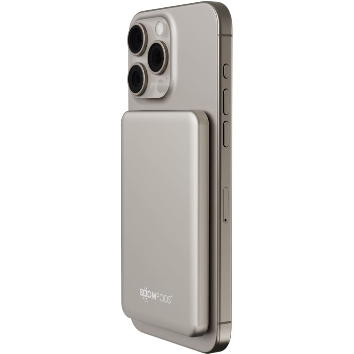 A silver power bank with a sleek design positioned against a smartphone, featuring a logo on the side.