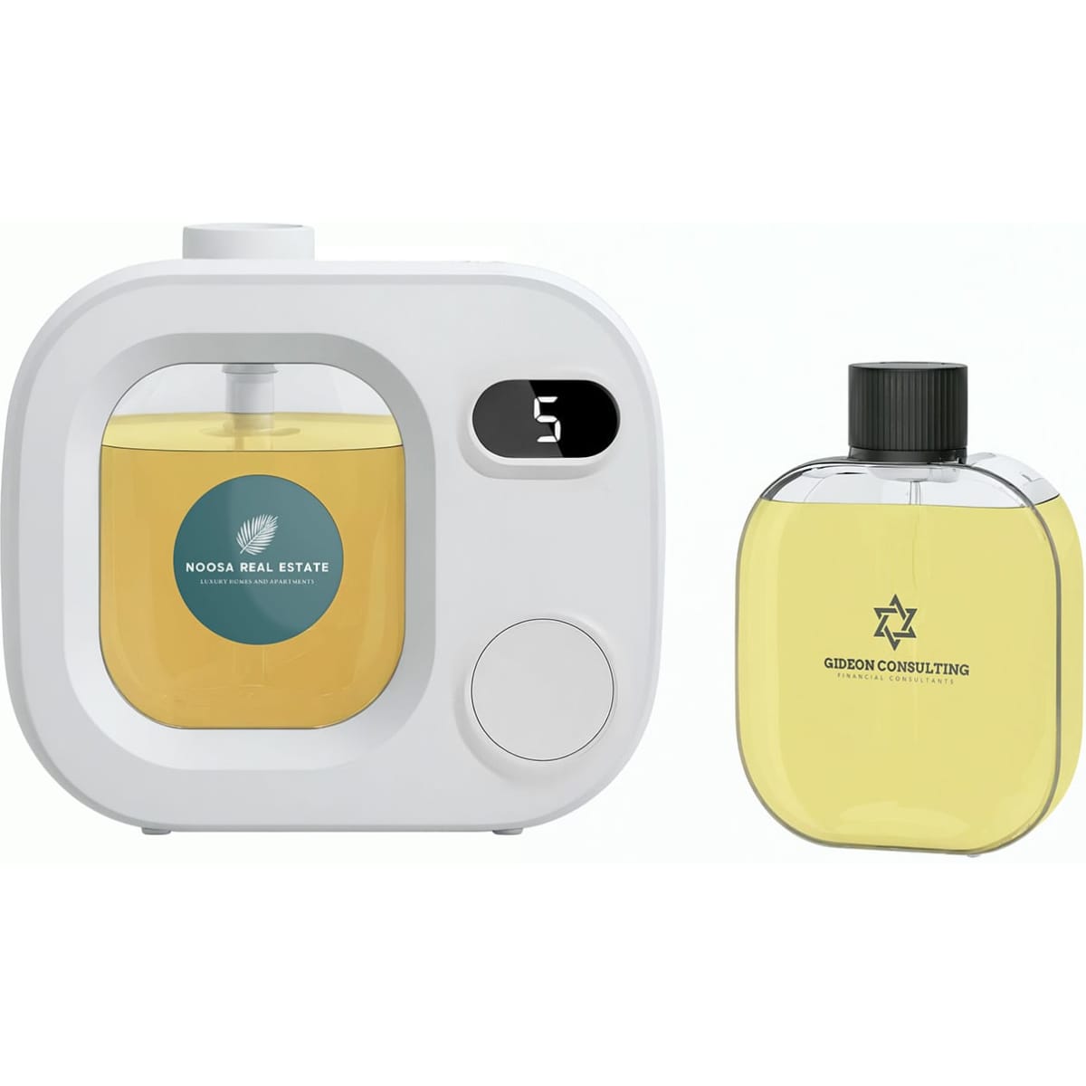 Aromatherapy diffuser in white with a digital display, alongside a clear bottle of essential oil.