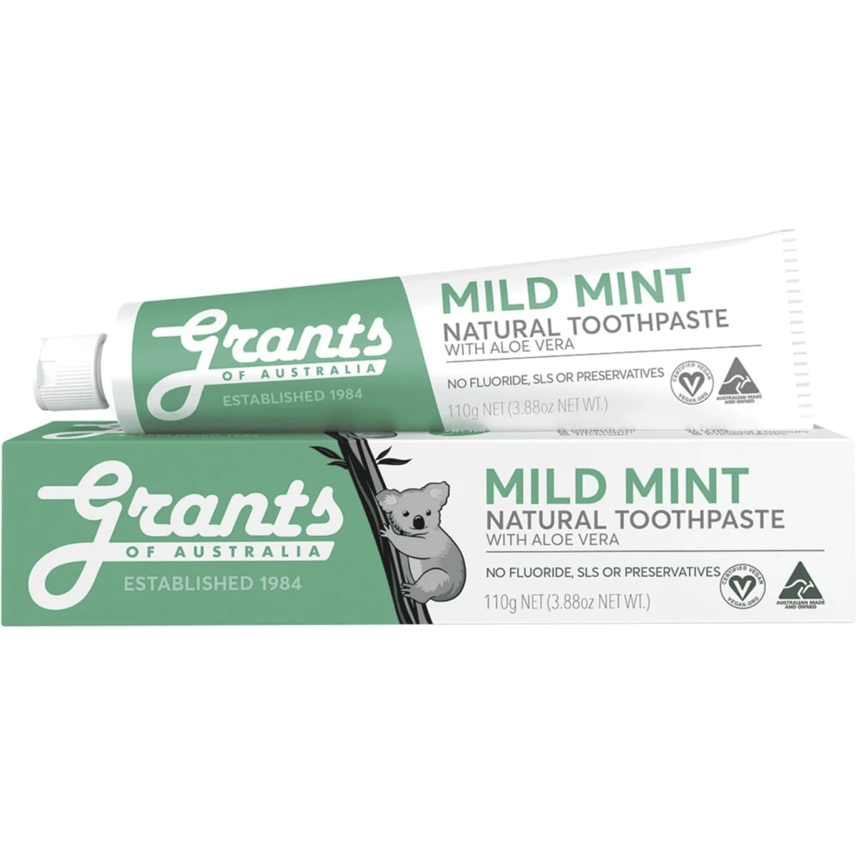 A toothpaste tube in a green and white box, featuring mild mint flavour and aloe vera, with a koala graphic.