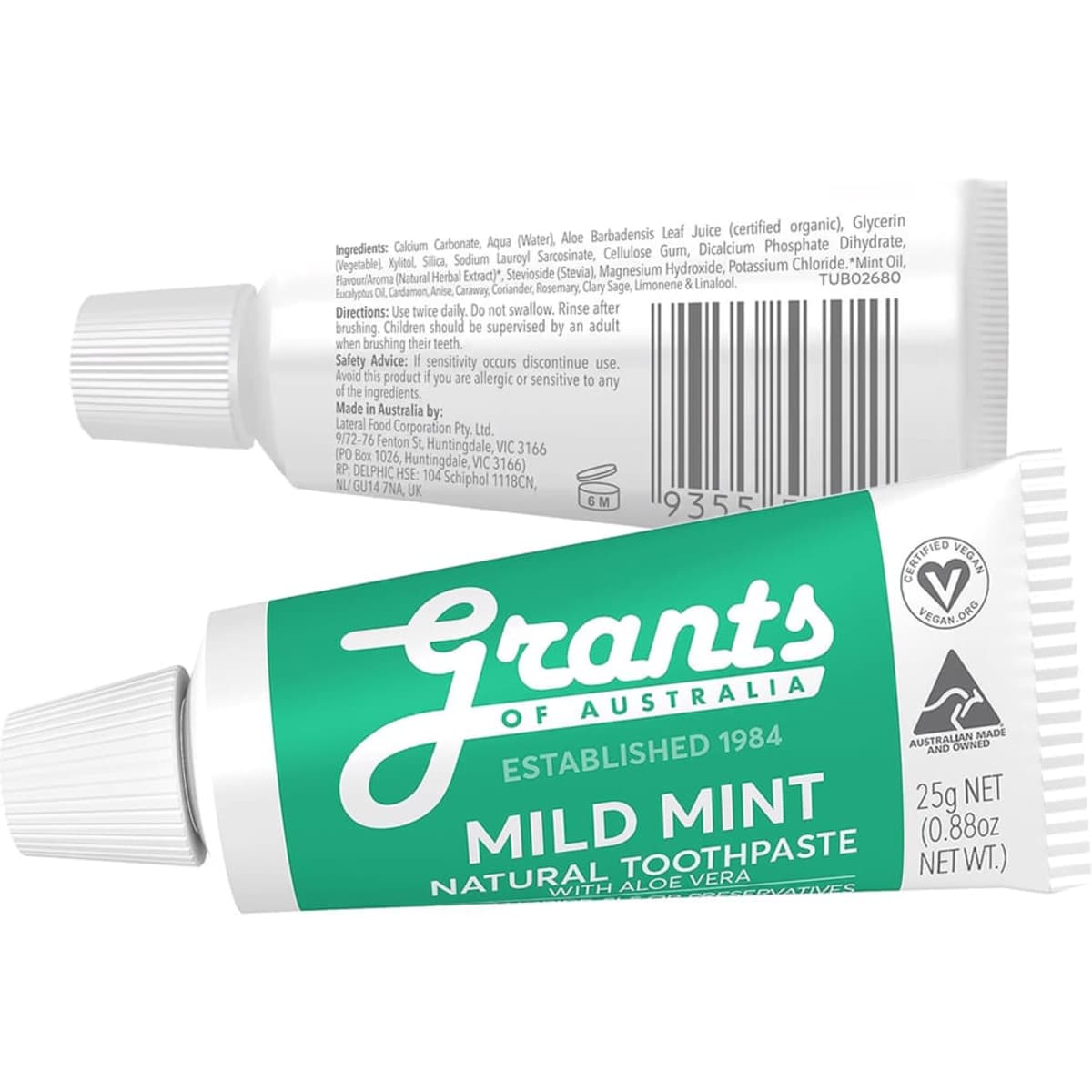 A tube of Grants Travel Toothpaste, 25g, in mild mint flavour with a green and white design and logo.