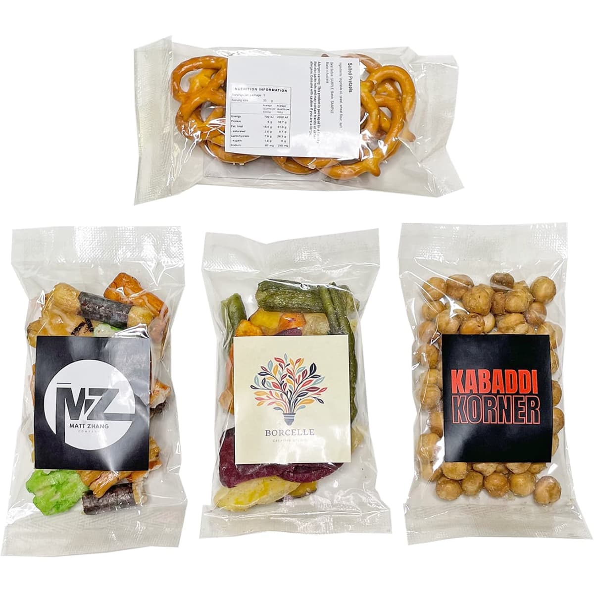 A variety of savoury snack bags featuring pretzels and mixed nuts, along with colourful dried fruits and vegetables.