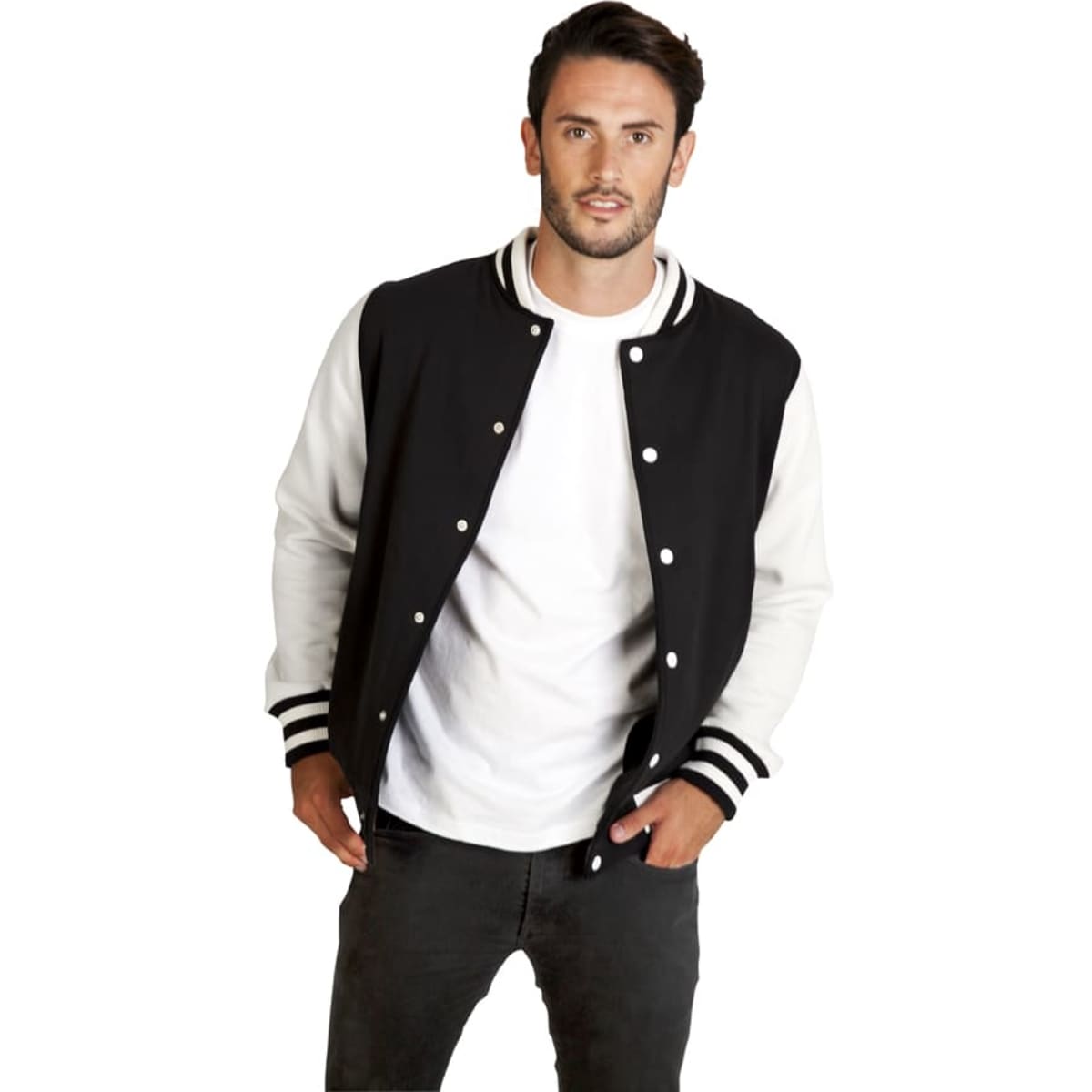 A men's varsity jacket in black with white sleeves and striped cuffs, featuring a logo.