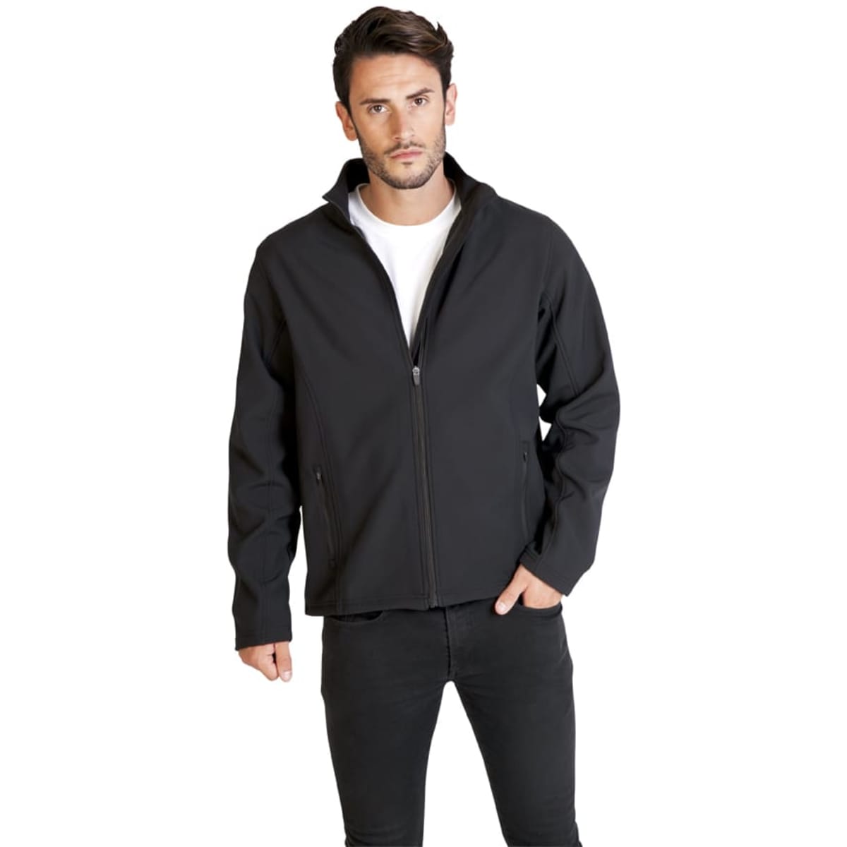 A black men's soft shell jacket with a zip front and a stand collar, modelled by a man.