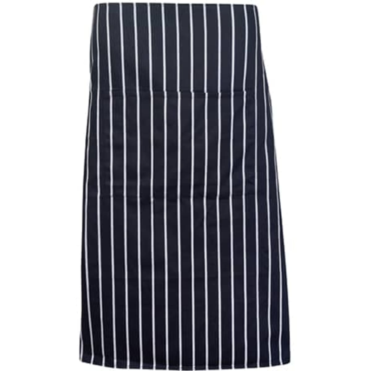 A striped full-waist apron featuring black and white vertical stripes, designed for workwear use.