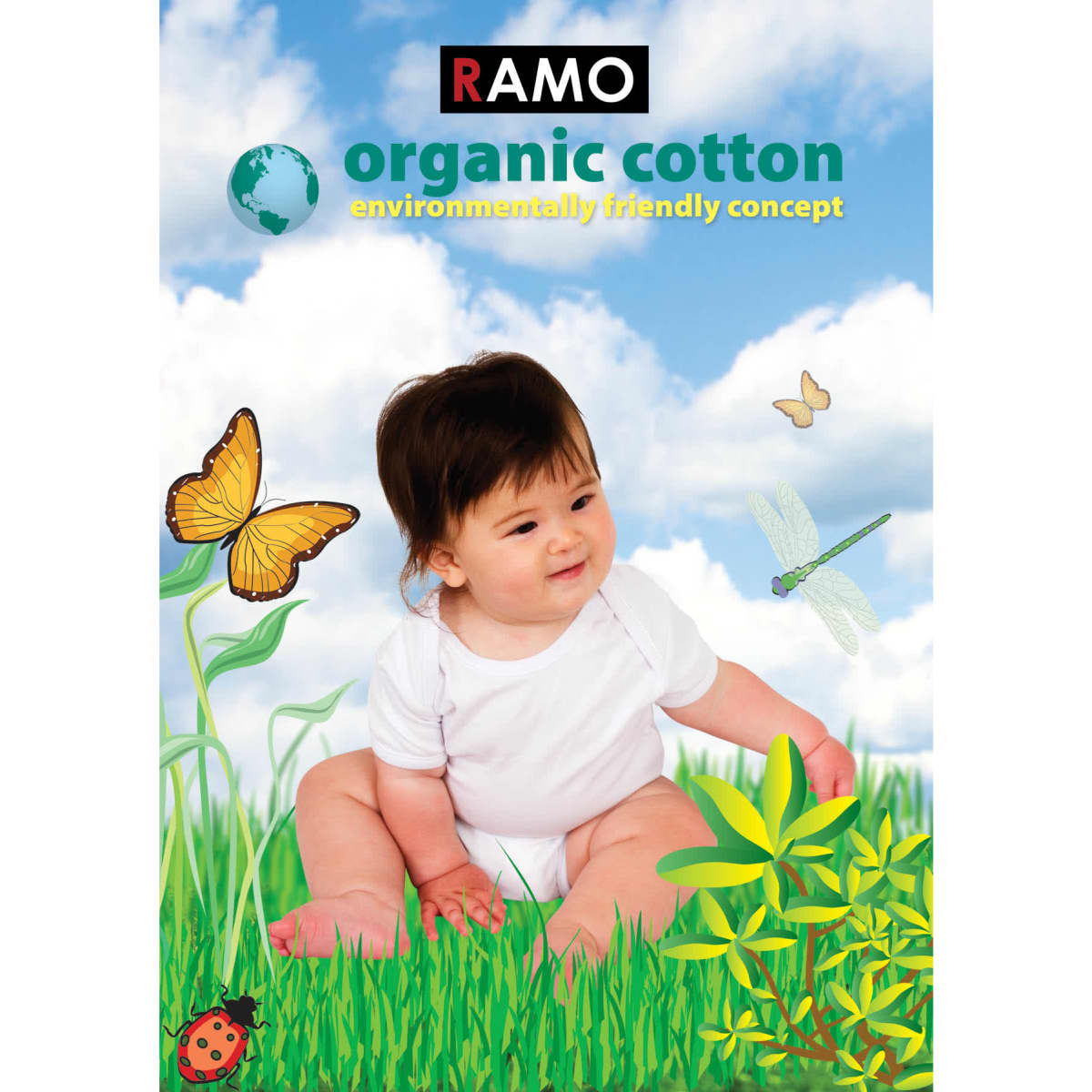 A baby in a white romper sits in a grassy area with butterflies and a dragonfly against a blue sky.
